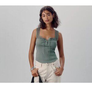 NWT Anthropologie Crochet Lace Trim Tank Top, XL Green